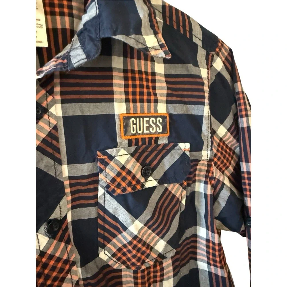 Guess Boys Navy Rust Plaid Flannel Shirt‎ M 10-12 Streetwear Prep Logo Patch